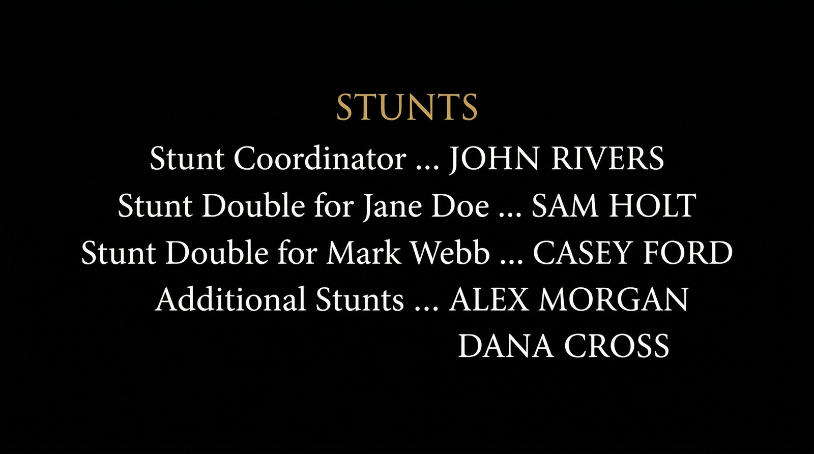 Example film end credits showing the STUNTS section with Stunt Coordinator, Stunt Double for named actors, and Additional Stunts credits in white and gold text on black